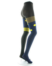 Charger l'image dans la galerie, Collant 60D Pois Asymétriques Marine et Jaune - Berthe Aux Grands Pieds